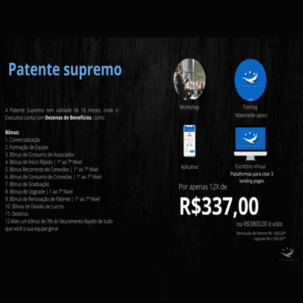Patente supremo Por apenas 12X de R$337,00 ou R$3800,00 à vista