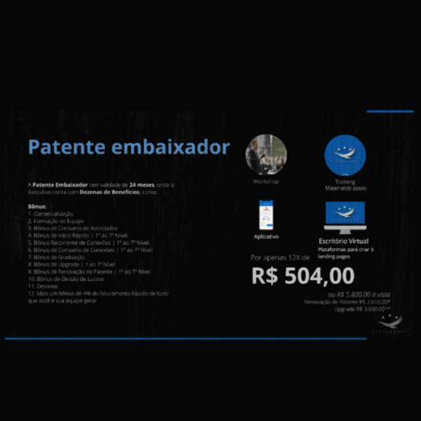 Patente embaixador Por apenas 12X de R$ 504,00 ou R$ 5.800,00 à vista