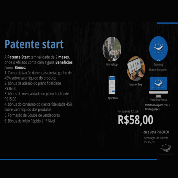 Patente start Por apenas 12 xde  R$58,00 ou a vista R$650,00