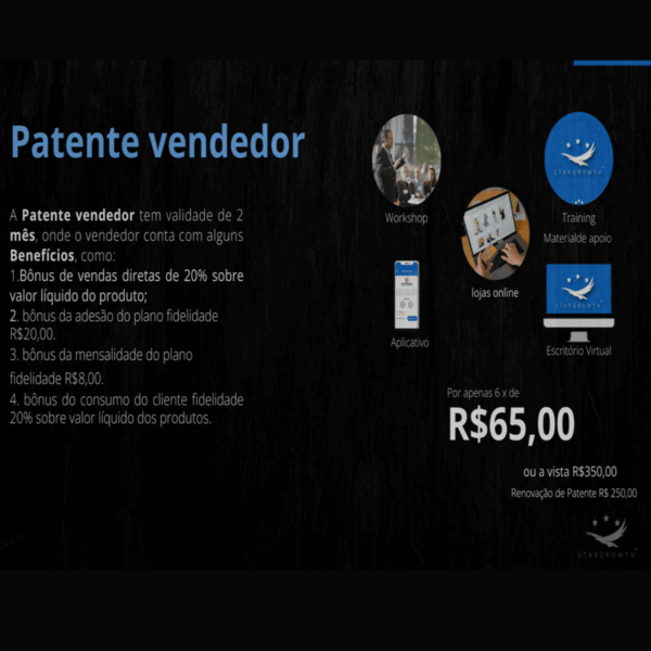 Patente vendedor Por apenas 6 x de  R$65,00 ou a vista R$350,00